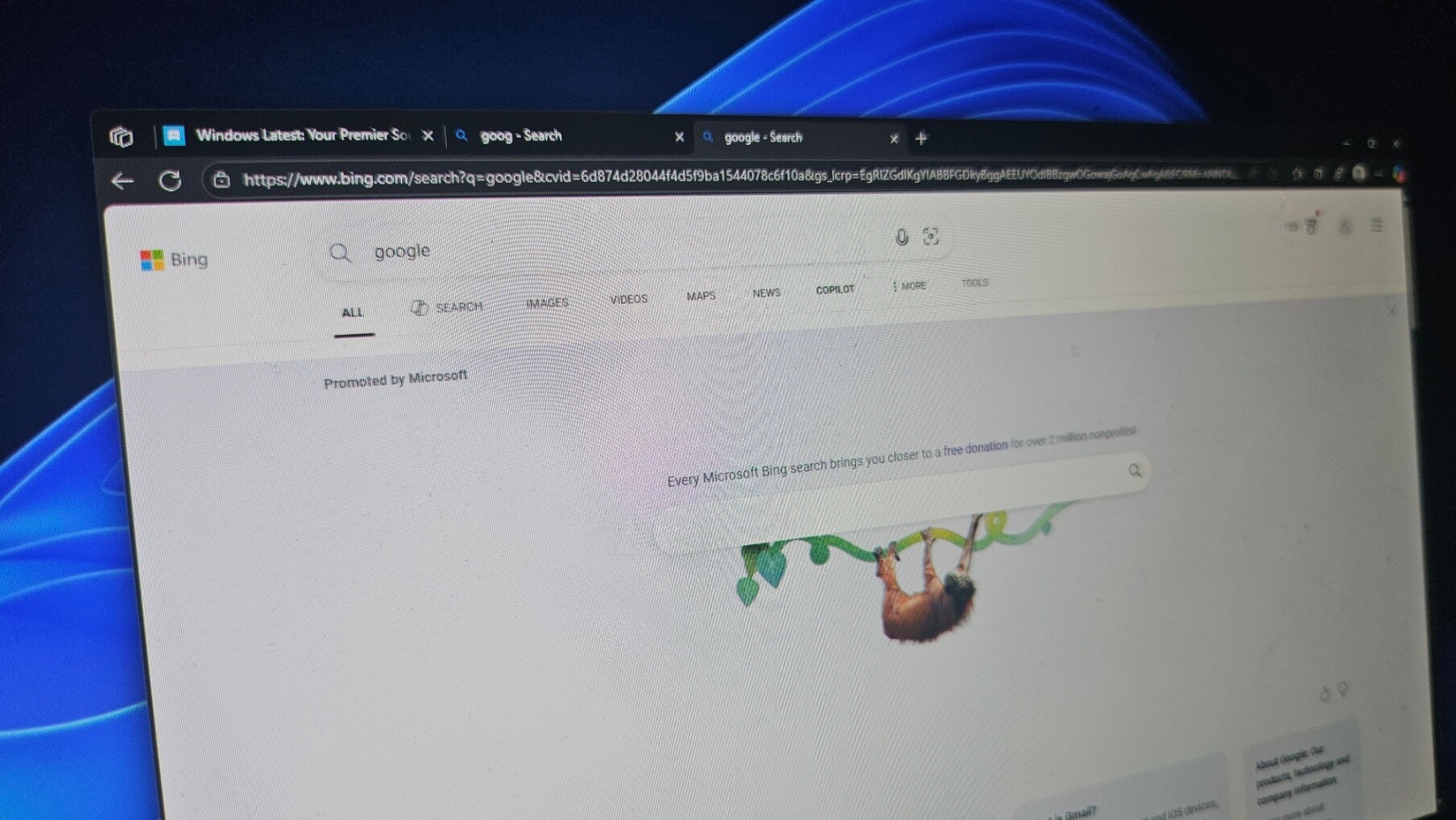 Windows 11 的 Bing 不希望你使用 Google，因此它显示了捐赠提示