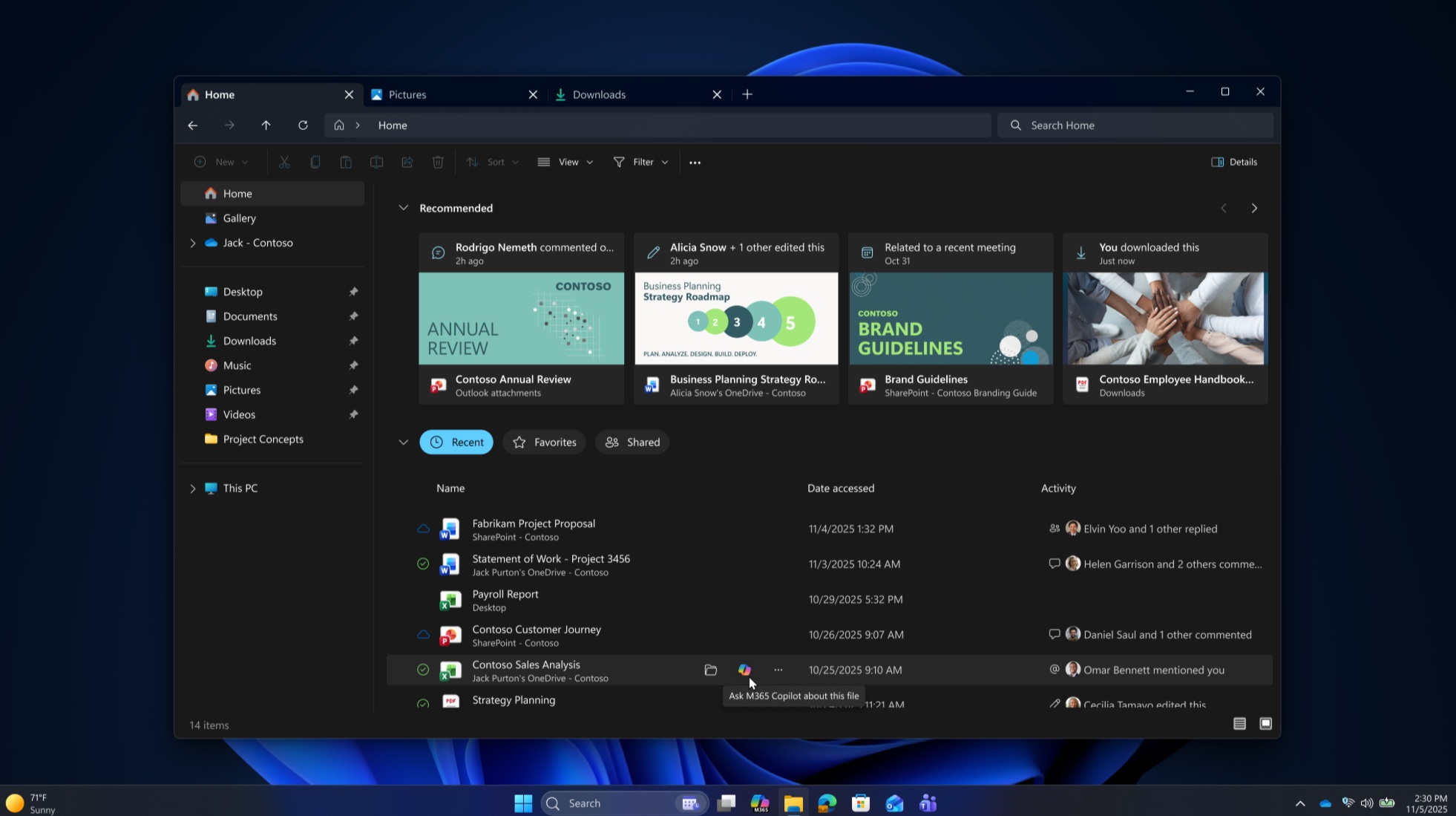 Windows 11测试文件资源管理器中的Microsoft 365 Copilot按钮和通用“写作助手”