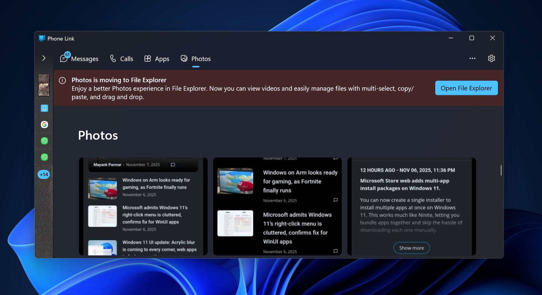 Windows 11 Phone Link应用程序正在失去“照片”功能，Android图库移至文件资源管理器
