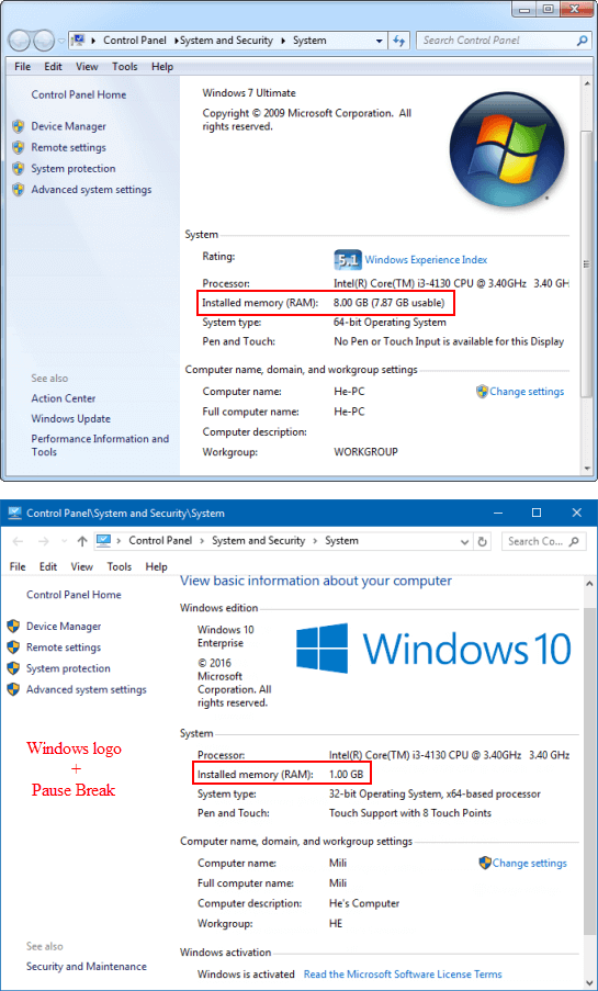 如何在Windows 10/7中查看系统内存（RAM）大小