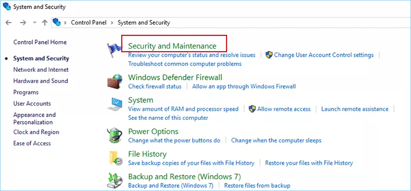 关闭安全和维护消息，或在Windows 10中打开